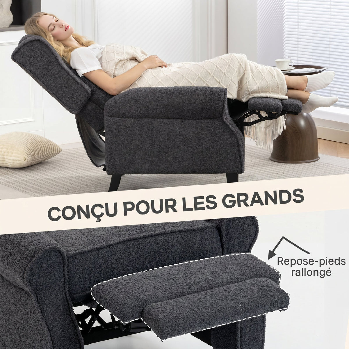Fauteuil relax inclinable en polaire Teddy, fauteuil de relaxation avec repose-pieds extensible, assise rembourrée, gris-6