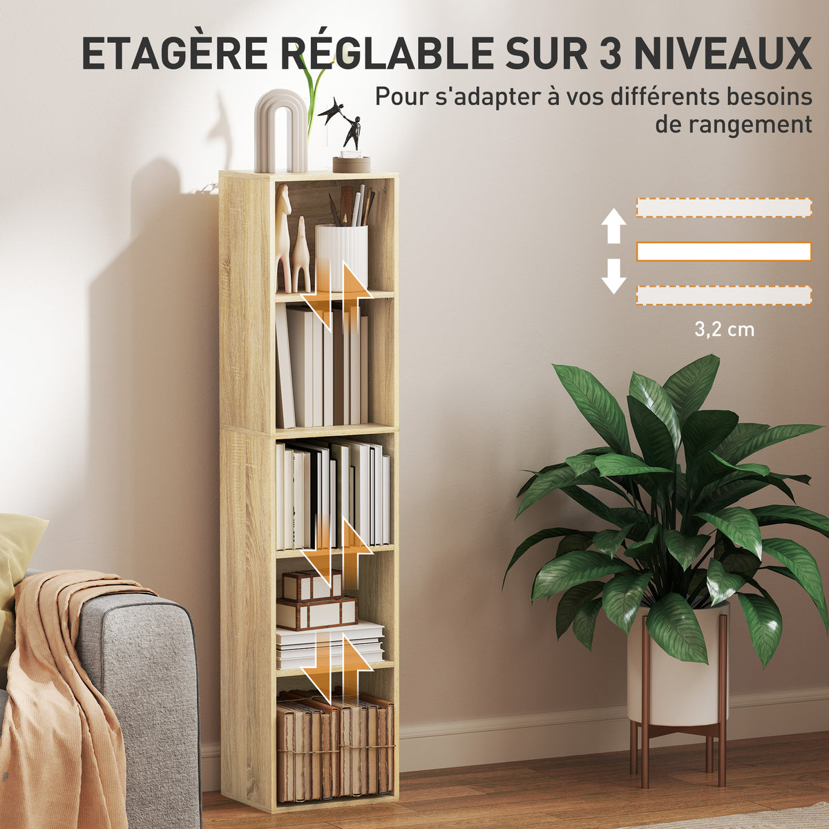 Bibliothèque étagère de rangement 5 niveaux avec étagères réglables pour salon, chambre, bureau, 30x24x133,5cm, naturel-4
