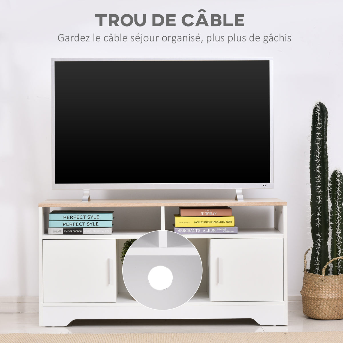 Meuble TV banc TV en bois grand espace de rangement avec 2 compartiments ouverts 2 armoires à porte une armoire ouverte 105 x 40 x 52 cm blanc-5