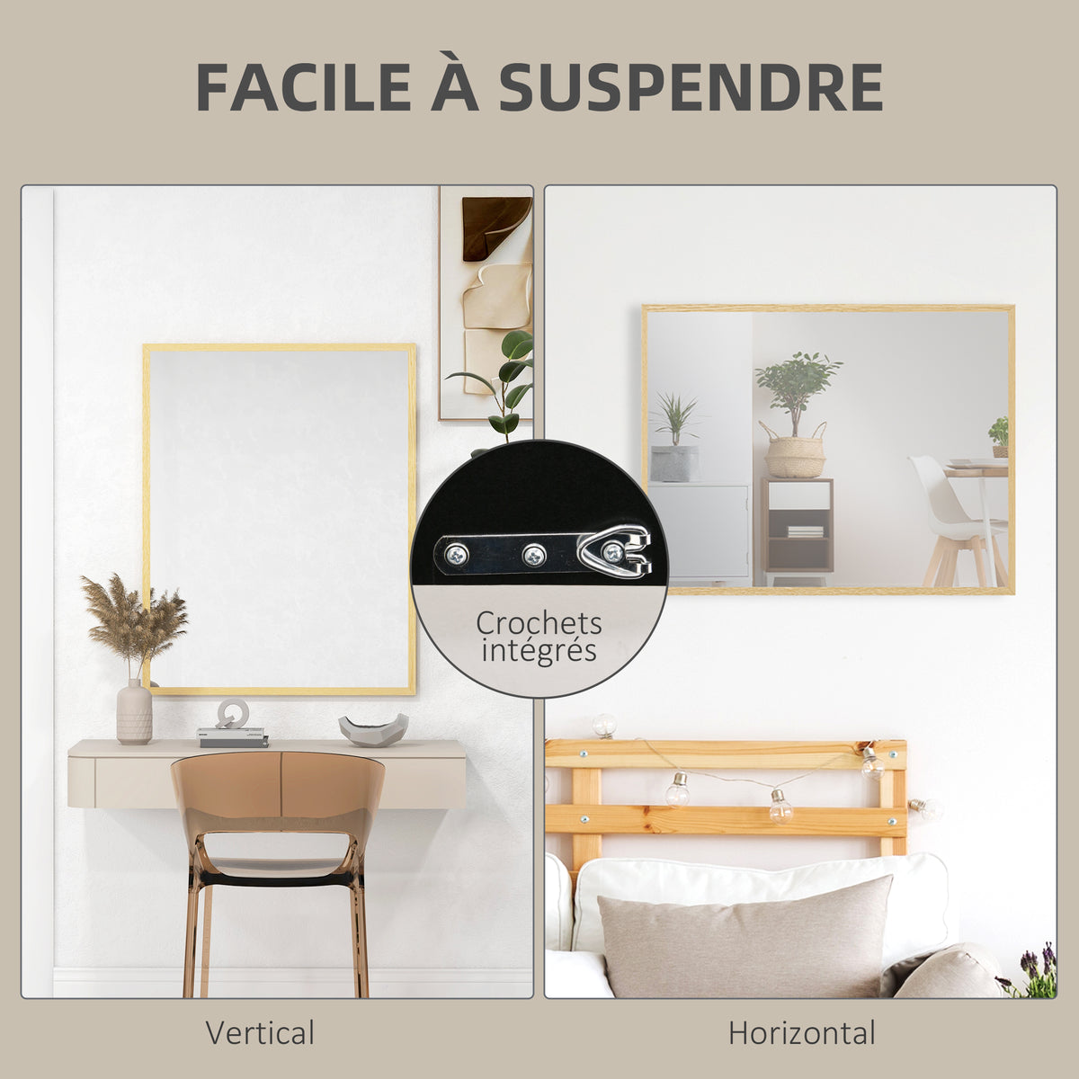 Miroir mural rectangulaire 90 x 70 cm, cadre en bois, idéal pour la salle de bain, salon ou chambre, naturel-4