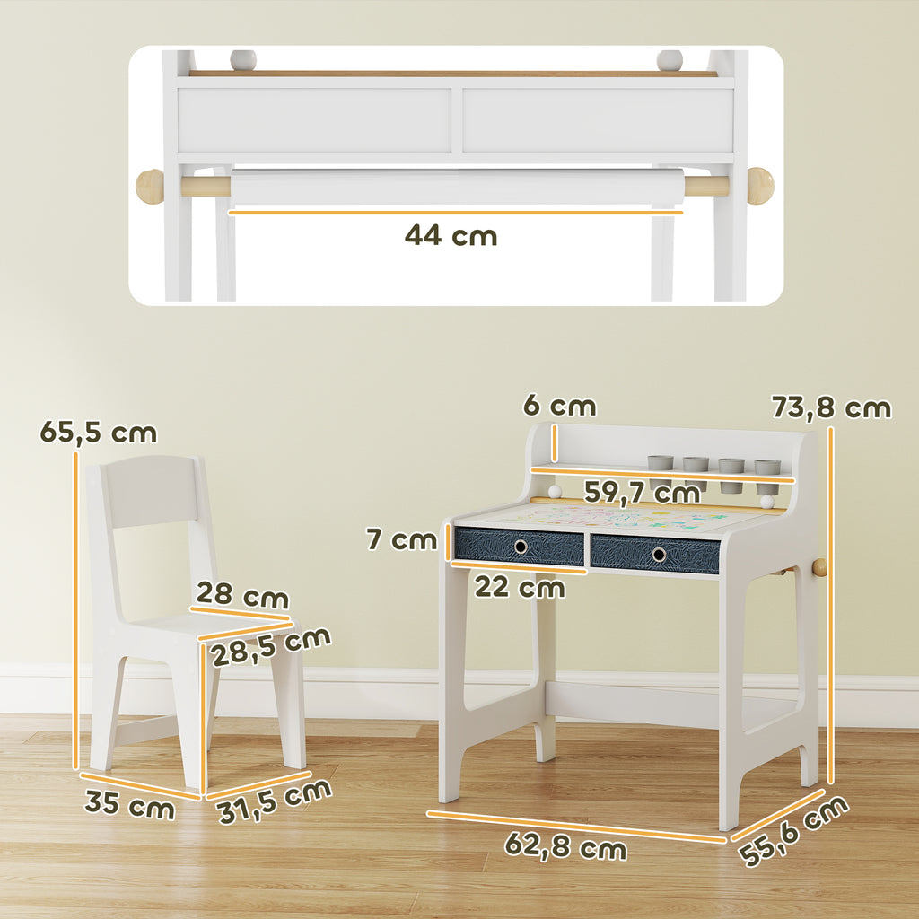 Bureau enfant avec chaise, table enfant et chaise avec 2 tiroirs en tissu et porte-gobelet, 62,8x55,6x73,8cm, blanc-2