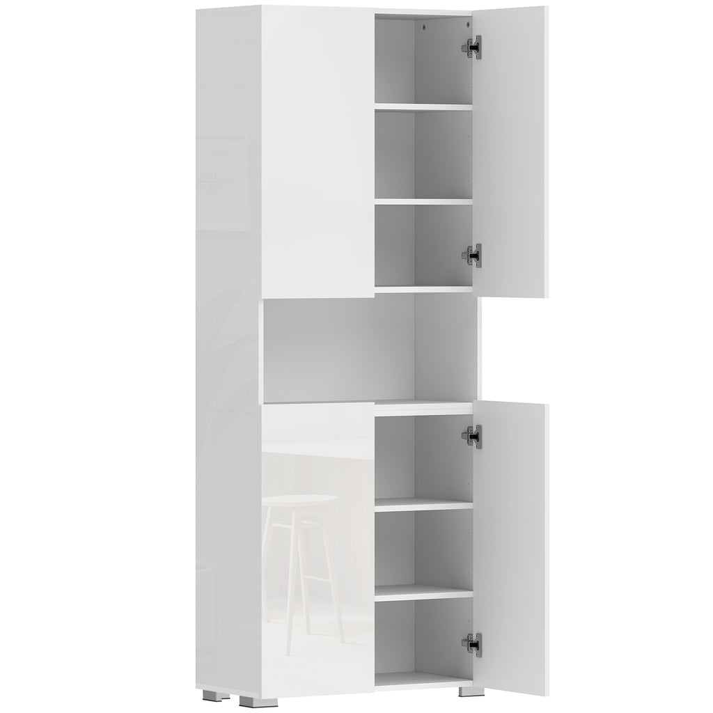 Buffet haut cuisine, armoire de cuisine, 4 portes à fermeture douce et étagères réglables, 68x34x180cm, blanc brillant-0