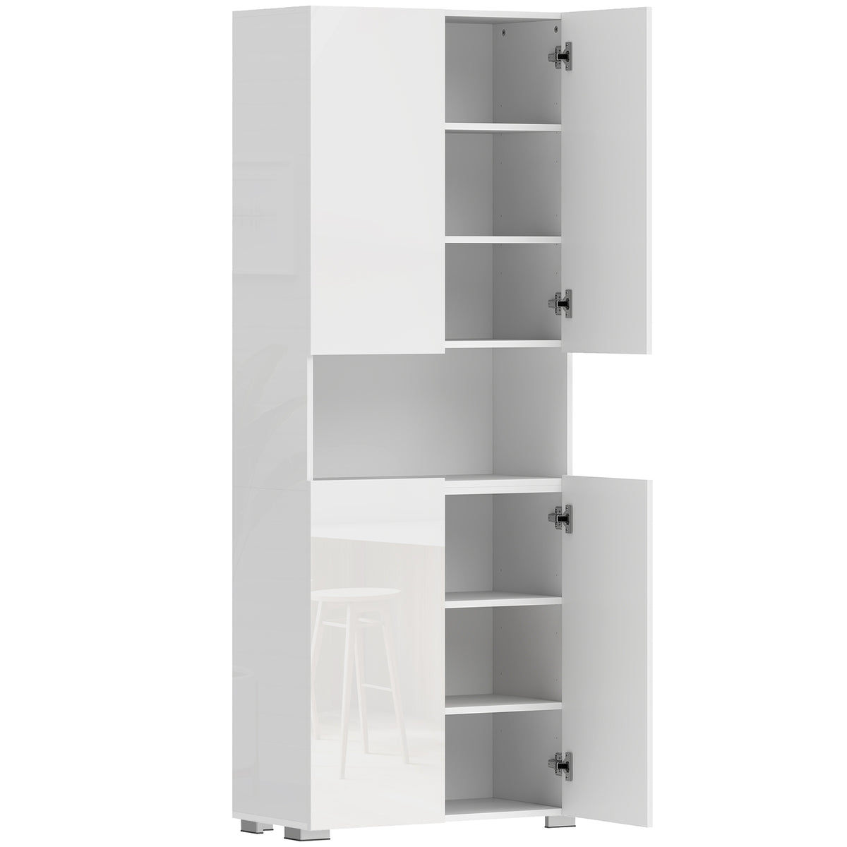 Buffet haut cuisine, armoire de cuisine, 4 portes à fermeture douce et étagères réglables, 68x34x180cm, blanc brillant-0