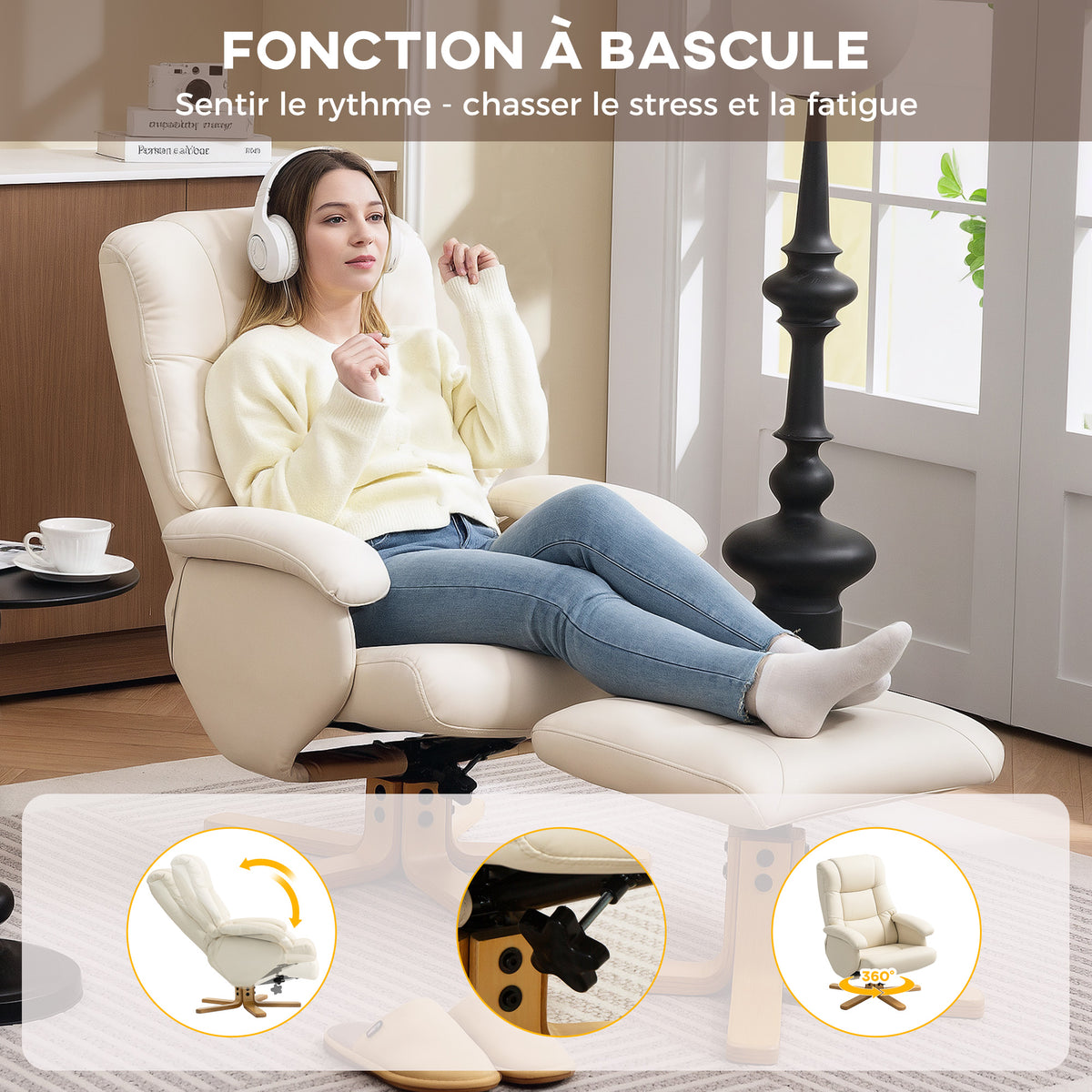 Fauteuil relax avec repose-pied fauteuil de relaxation pivotant 360° dossier inclinable charge 120 Kg crème-4