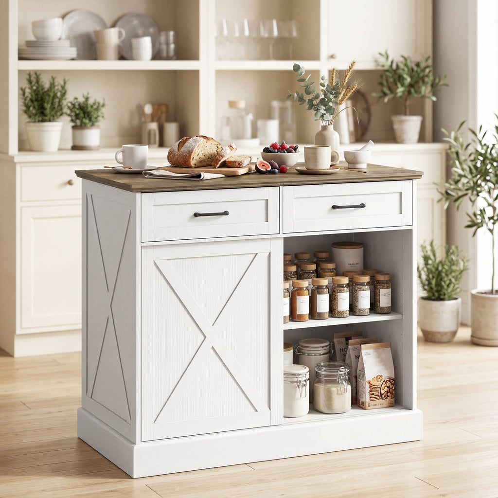 Îlot central cuisine, buffet cuisine, meuble de rangement avec 2 tiroirs 2 portes coulissantes, étagère réglable, blanc-8