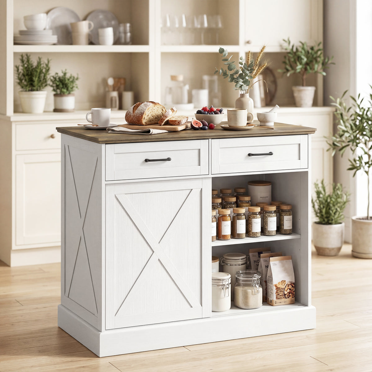 Îlot central cuisine, buffet cuisine, meuble de rangement avec 2 tiroirs 2 portes coulissantes, étagère réglable, blanc-8