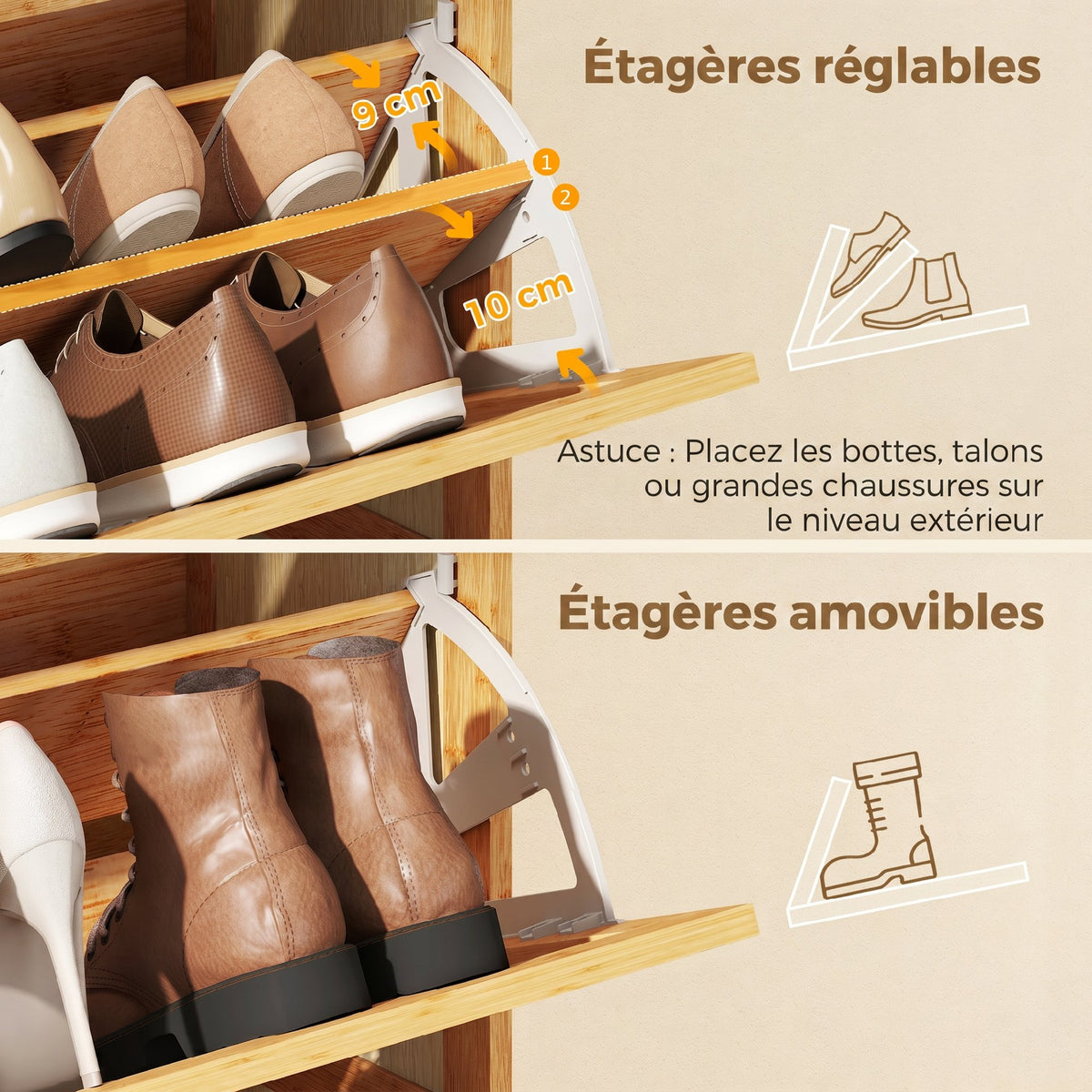 Meuble à chaussures 14 paires, armoire à chaussures 3 tiroirs rabattables, étagères réglables 69x29x119,8cm bois naturel-5
