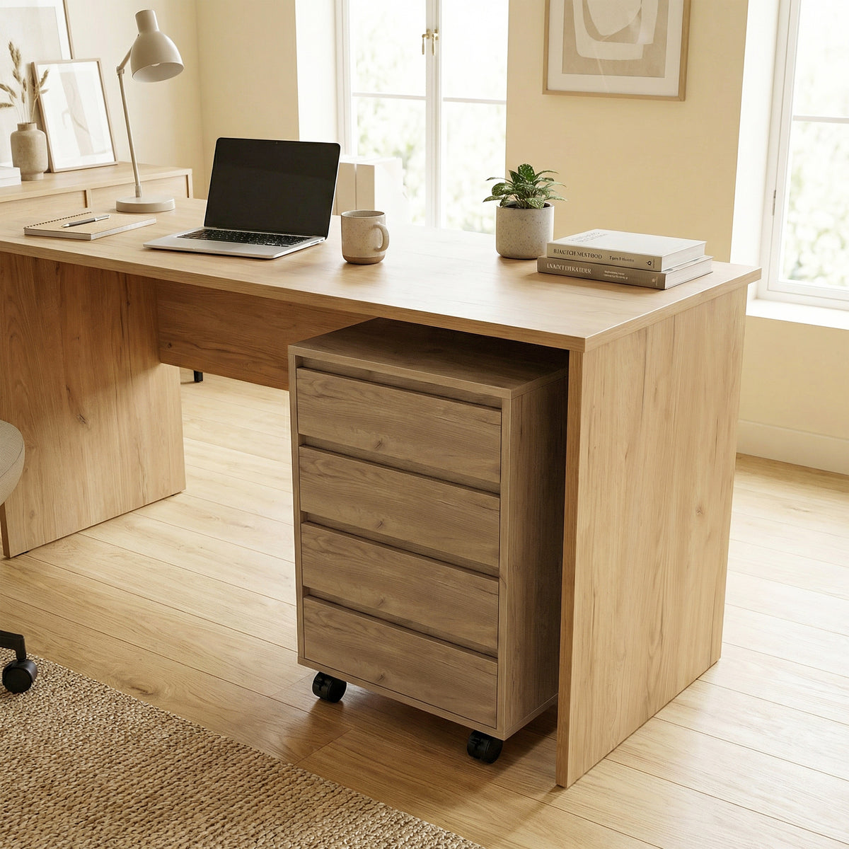 Caisson de bureau rangement bureau sur roulettes 4 tiroirs coulissants en bois aspect bois marron-8