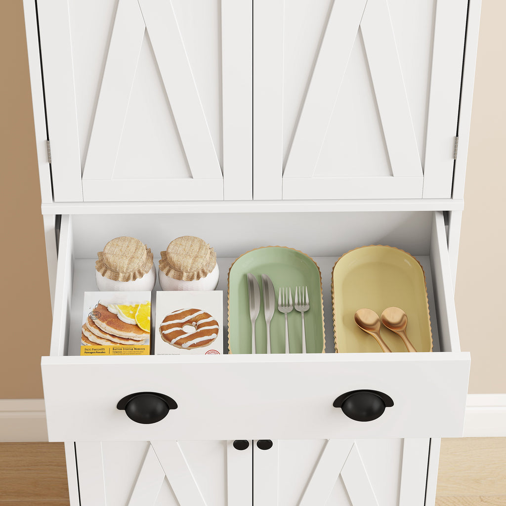 Buffet Haut Cuisine, Armoire de Cuisine avec 4 Portes, Tiroir et Étagères Réglables, Style Rustique, 62x38x173cm, Blanc-9
