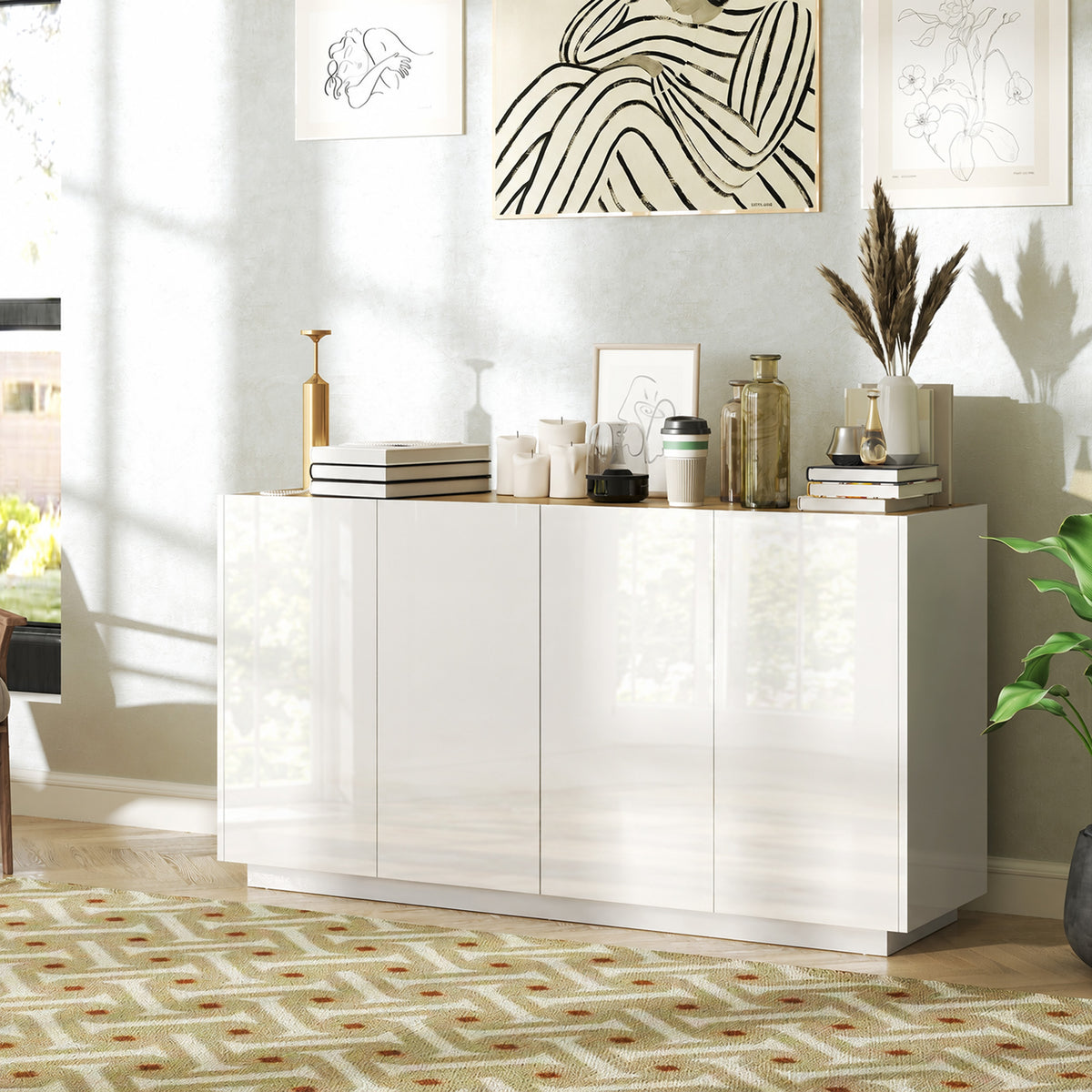 Buffet salle à manger buffet cuisine 4 portes à fermeture douce et étagères réglables 140l x 40P x 75H cm blanc laqué-1
