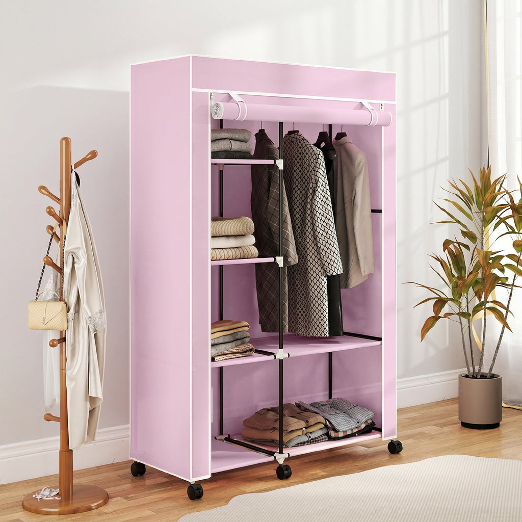 Armoire penderie en tissu meuble de rangement 6 roulettes tringle à vêtements et étagères ouvertes 103x43x162,5cm rose-6