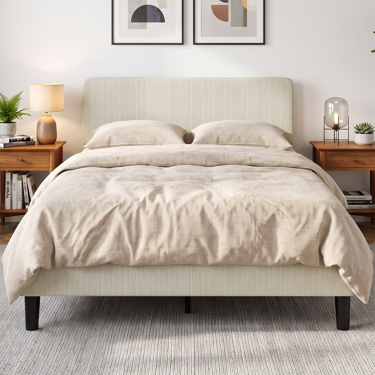 Cadre de Lit 140 x 190 cm avec Sommier, Tête Réglable, Lit Double Rembourré en Velours Côtelé, Sans Bruit, Gris Clair-7