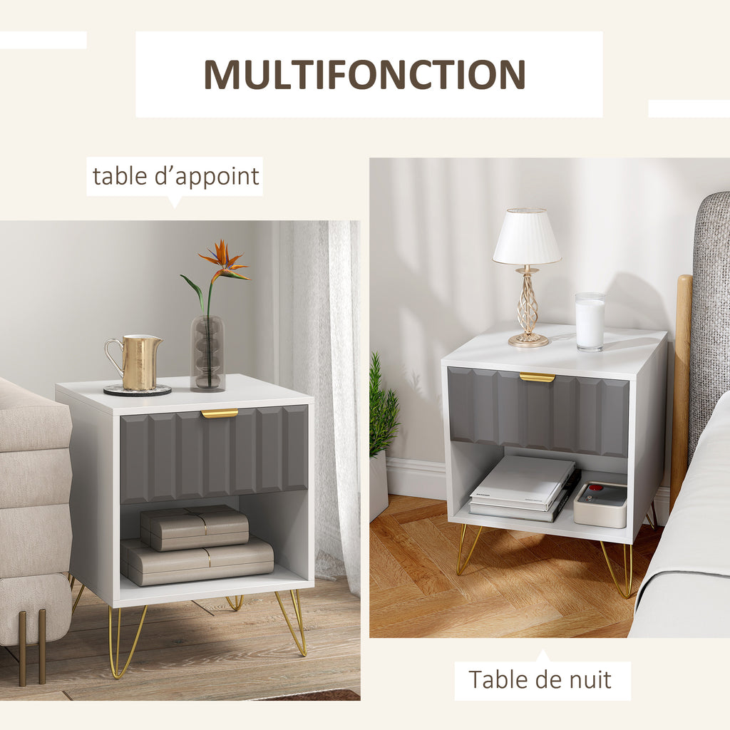 Table de chevet, table d'appoint compartiment ouvert, tiroir et poignée, pieds en acier, 45 x 40 x 55, blanc-4