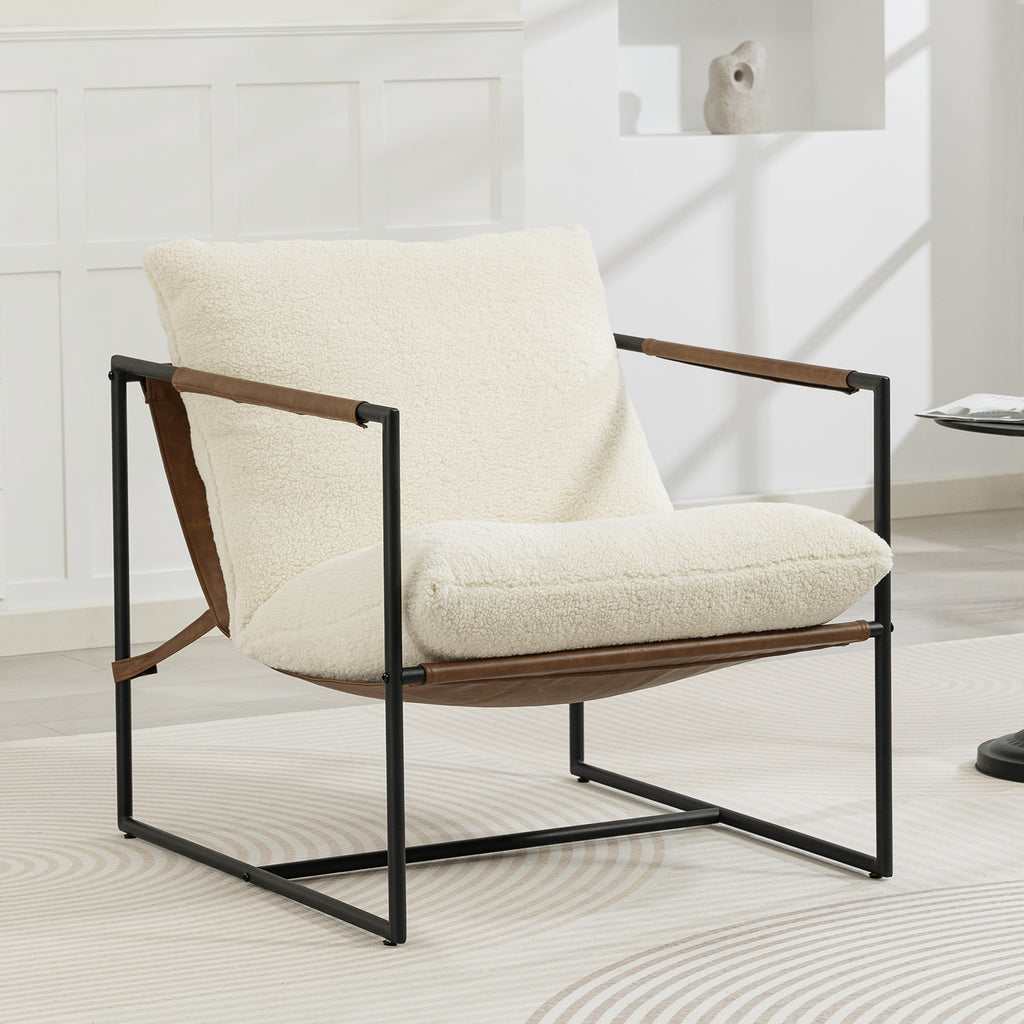 Fauteuil salon, fauteuil d'appoint rembourré en tissu bouclette, large assise et structure en acier, 77x91x80cm, crème-9