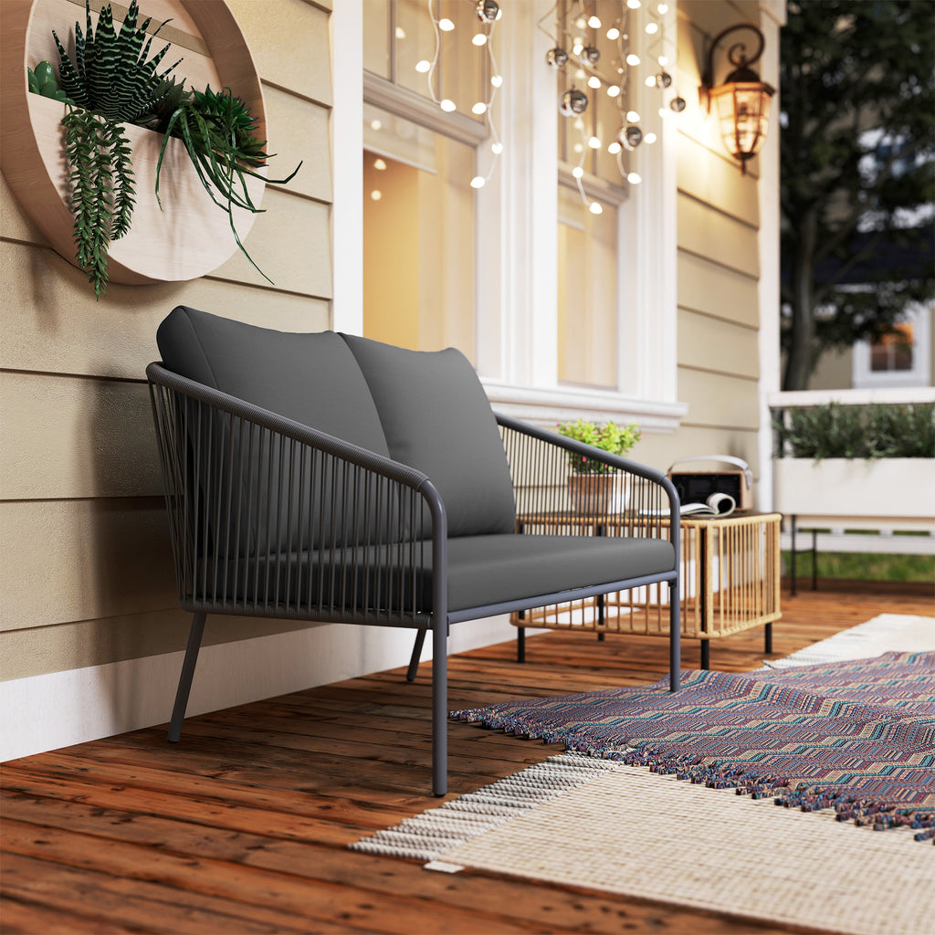 Canapé de jardin 2 places en résine tressée avec coussins canapé d'extérieur accoudoirs cadre en acier 112x72x76cm gris-7