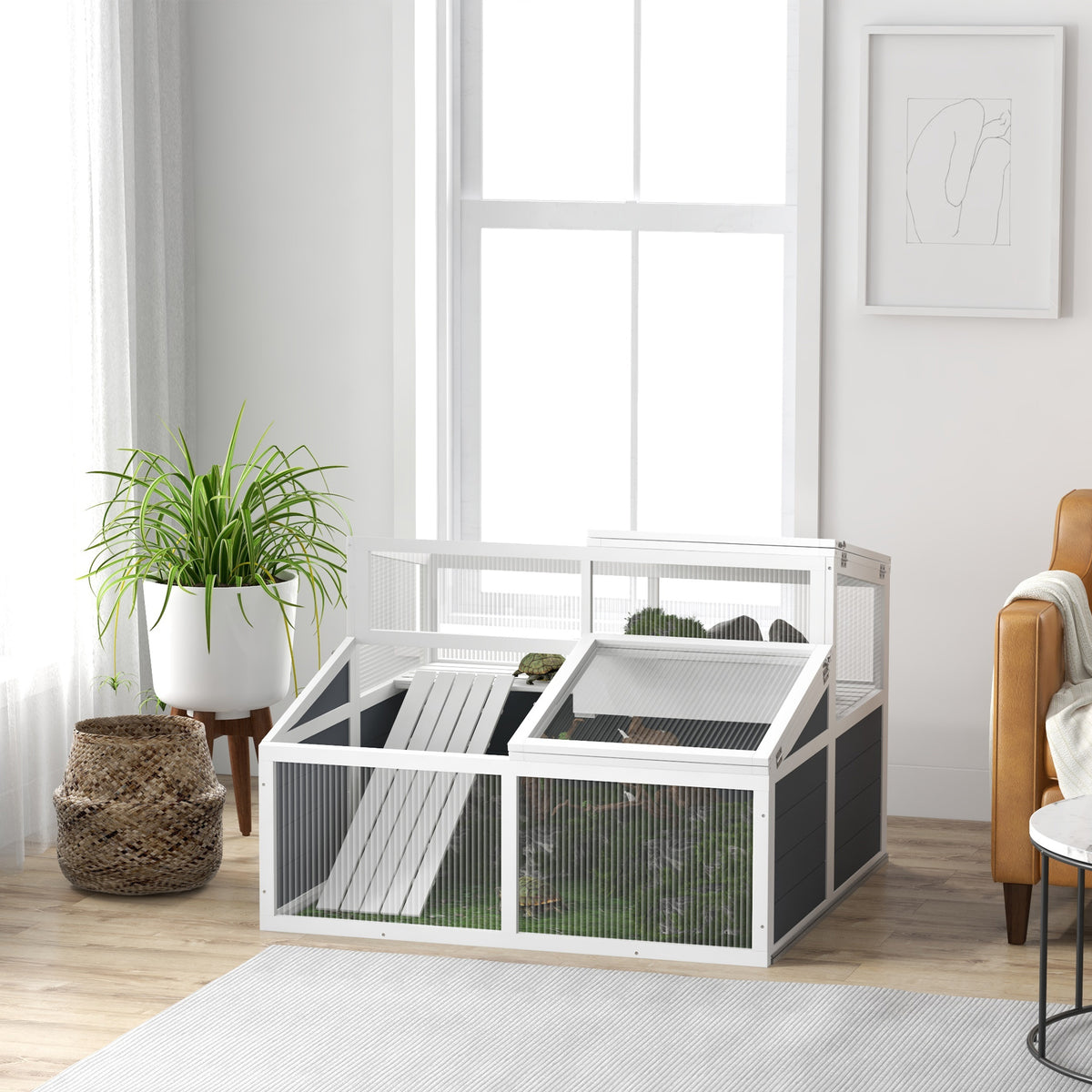 Maison enclos cage pour petit animal tortue avec 2 espaces toit en polycarbonate 3 portes rampe 115 x 115 x 82 cm gris-9
