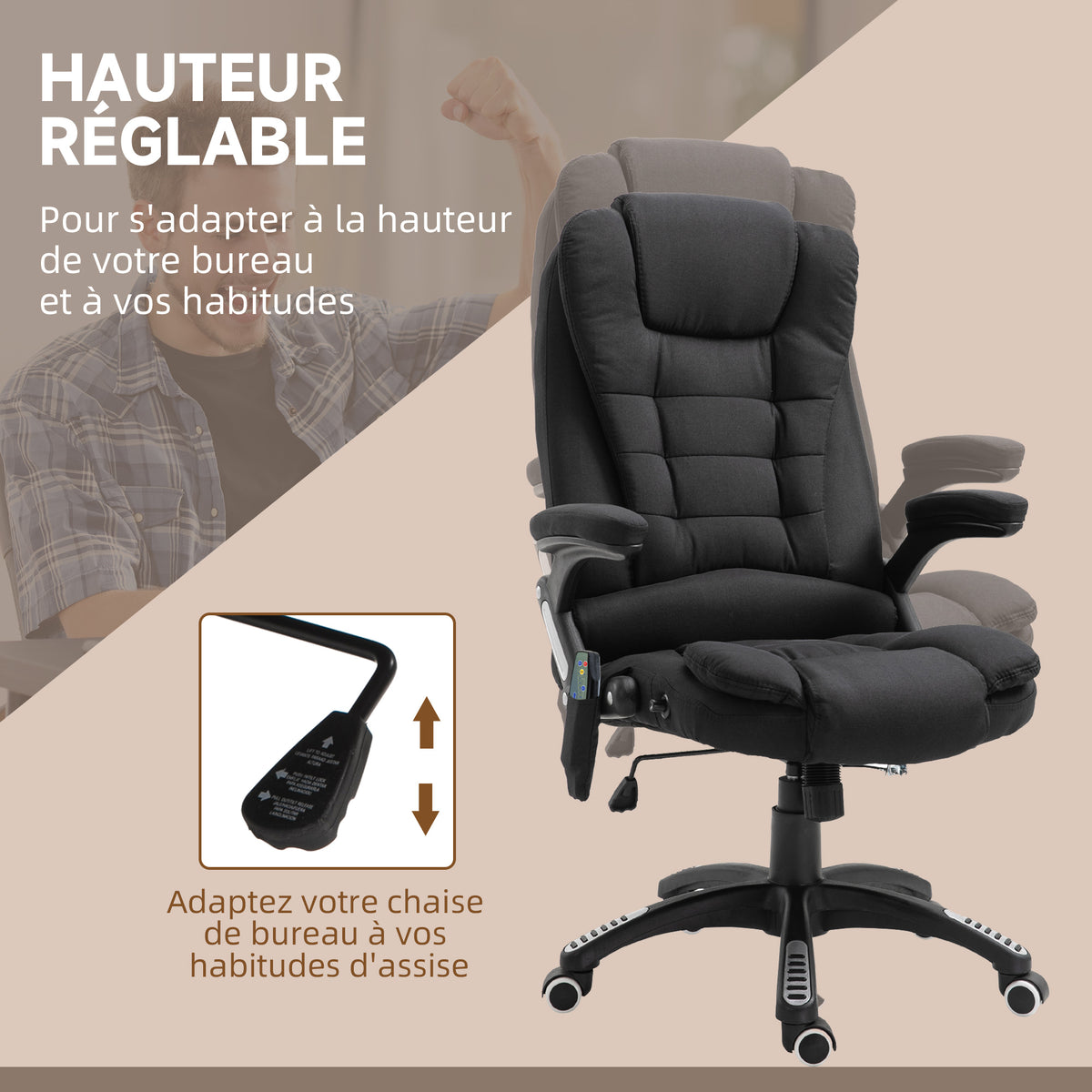 Fauteuil de bureau massant et chauffant, chaise de bureau, chaise ergonomique avec hauteur réglable, dossier-4