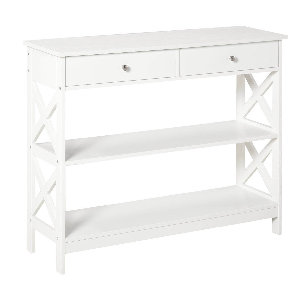 Table de console table d'entrée style table de drapier néo-rétro 2 tiroirs 2 étagères dim. 100L x 30,5l x 80H cm en bois blanc-0