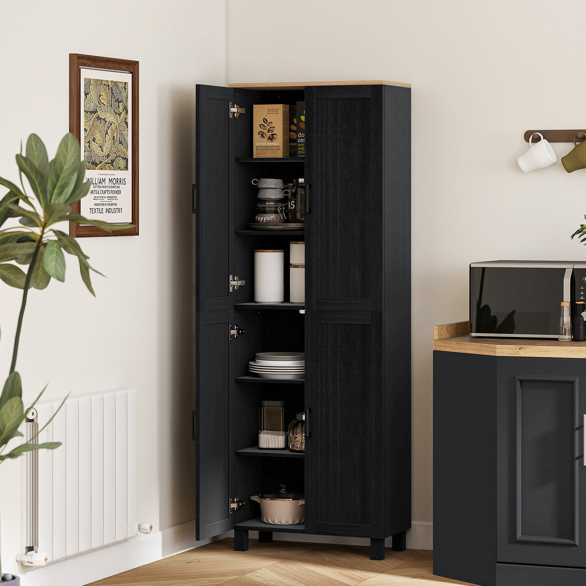 Armoire de cuisine hauteur 170 cm buffet haut avec 4 portes et étagères ajustable, design moderne, noir-1
