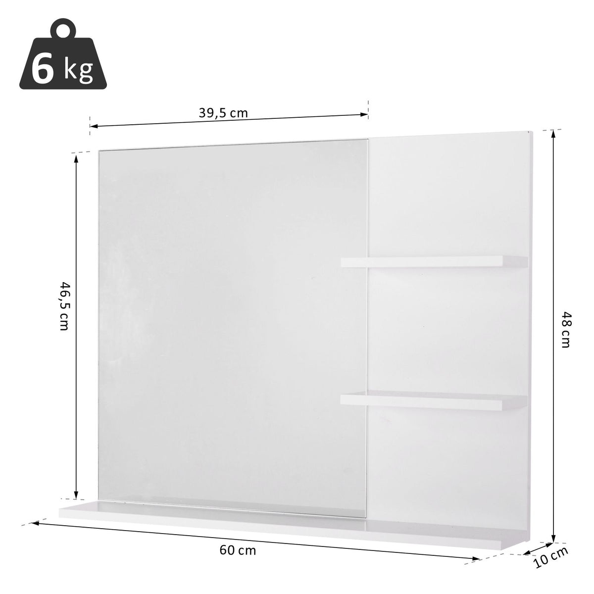 Miroir de Salle de Bain avec étagères - 2 étagères latérales + Grande étagère inférieure - kit Installation fourni - MDF Blanc-2