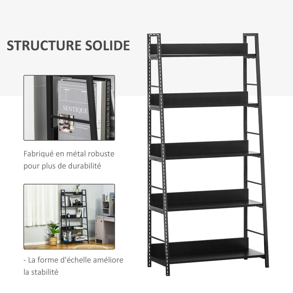 Étagère bibliothèque de Rangement Style Industriel incliné 5 Niveaux 70L x 35l x 150H cm Noir-4