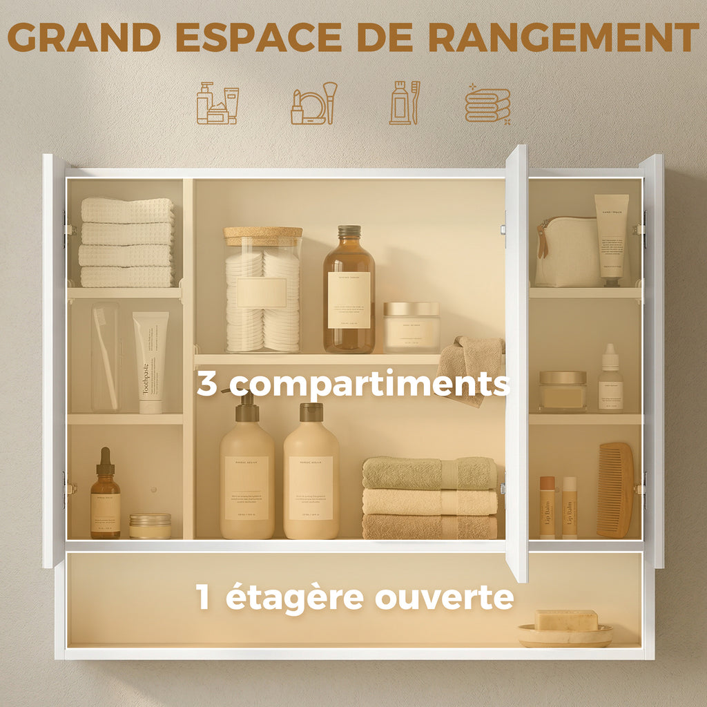 Armoire murale salle de bain avec miroir, armoire de toilette 3 portes miroir, étagères réglables, 90x15x75cm, blanc-3