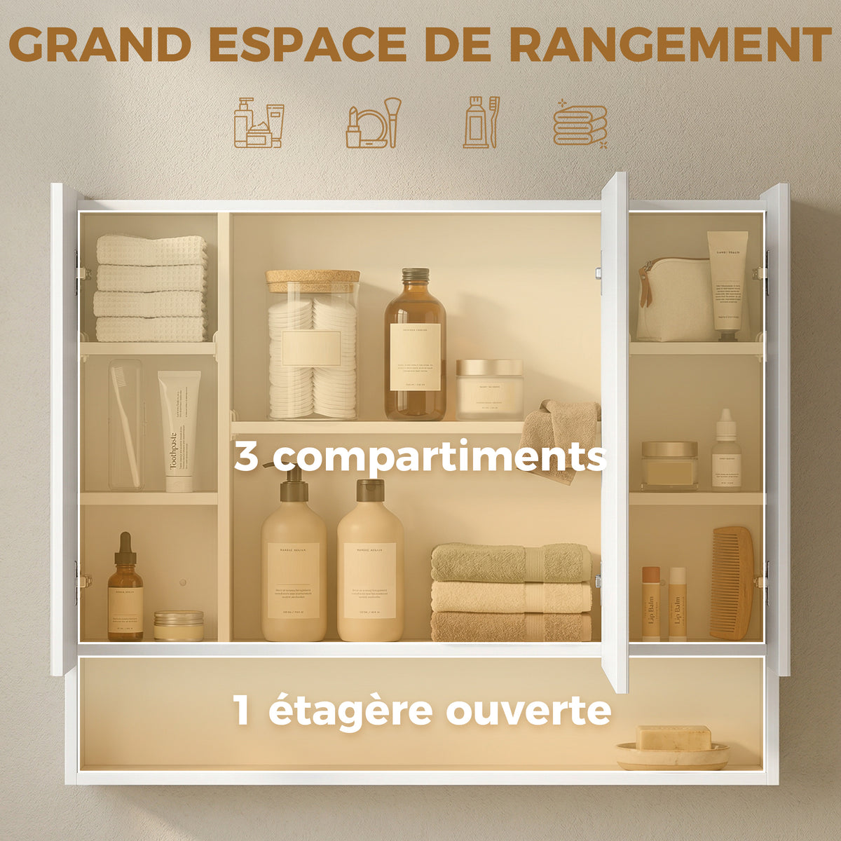 Armoire murale salle de bain avec miroir, armoire de toilette 3 portes miroir, étagères réglables, 90x15x75cm, blanc-3