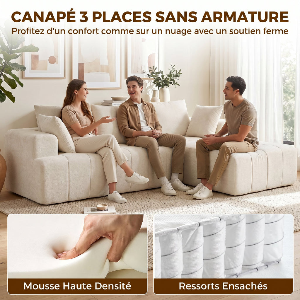 Canapé d'angle 256 cm avec méridienne, canapé-lit 3 places en chenille forme de L, assise et accoudoirs larges, beige-3