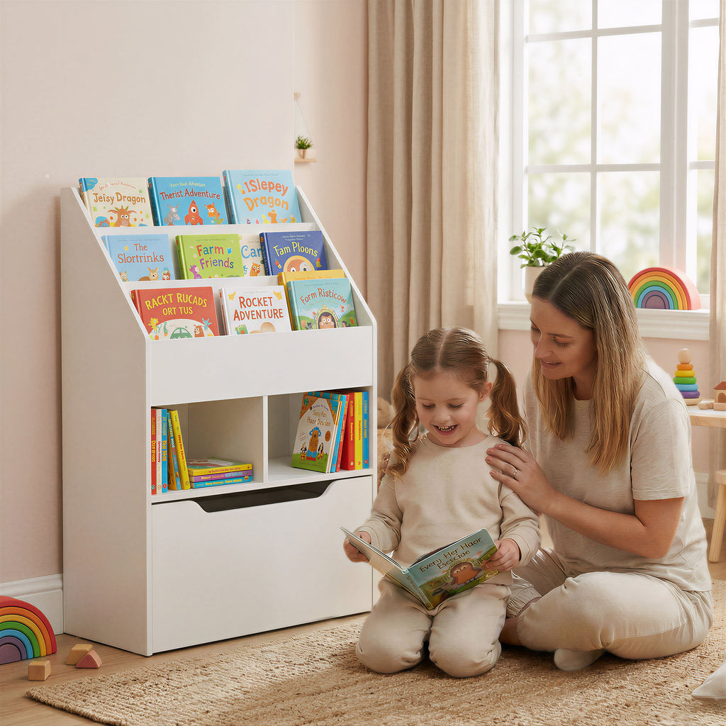 Bibliothèque étagère Multi-Rangement 3 étagères 2 niches Grand tiroir en bois Blanc-1
