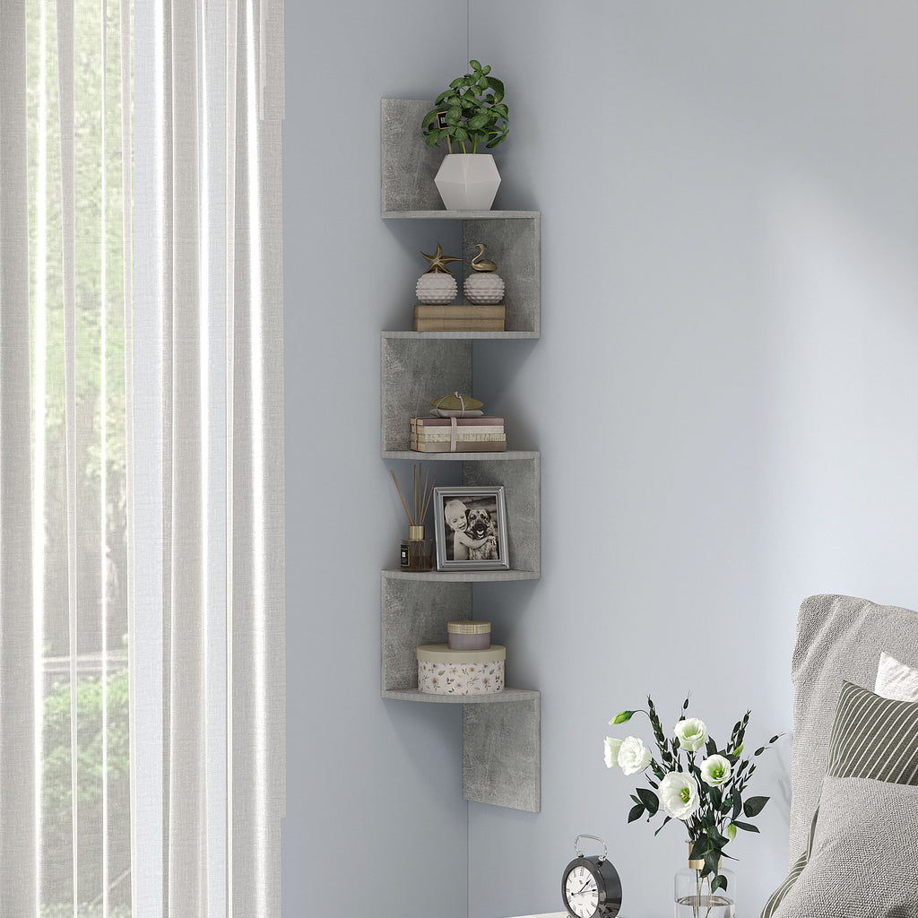 Étagère d'angle Murale de Rangement Forme Zigzag 20L x 20l x 126H cm 5 Niveaux Bois Gris-9