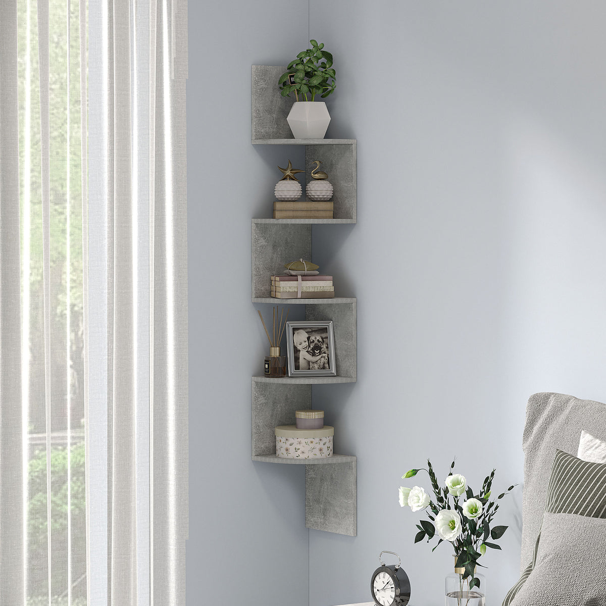 Étagère d'angle Murale de Rangement Forme Zigzag 20L x 20l x 126H cm 5 Niveaux Bois Gris-9
