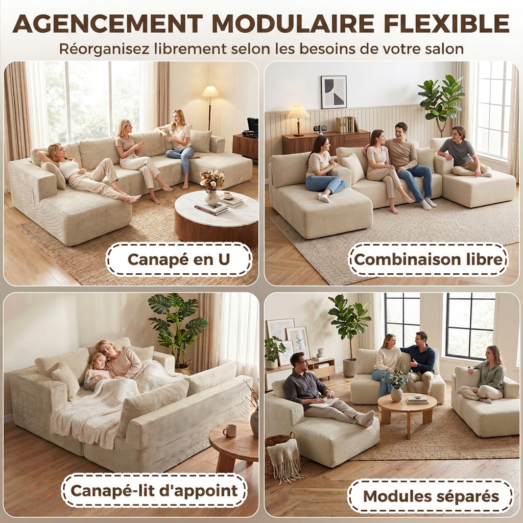 Canapé Modulaire en U Compressé 337 cm, Canapé Convertible 4 places en Velours Côtelé, Assise Large, Crème-4