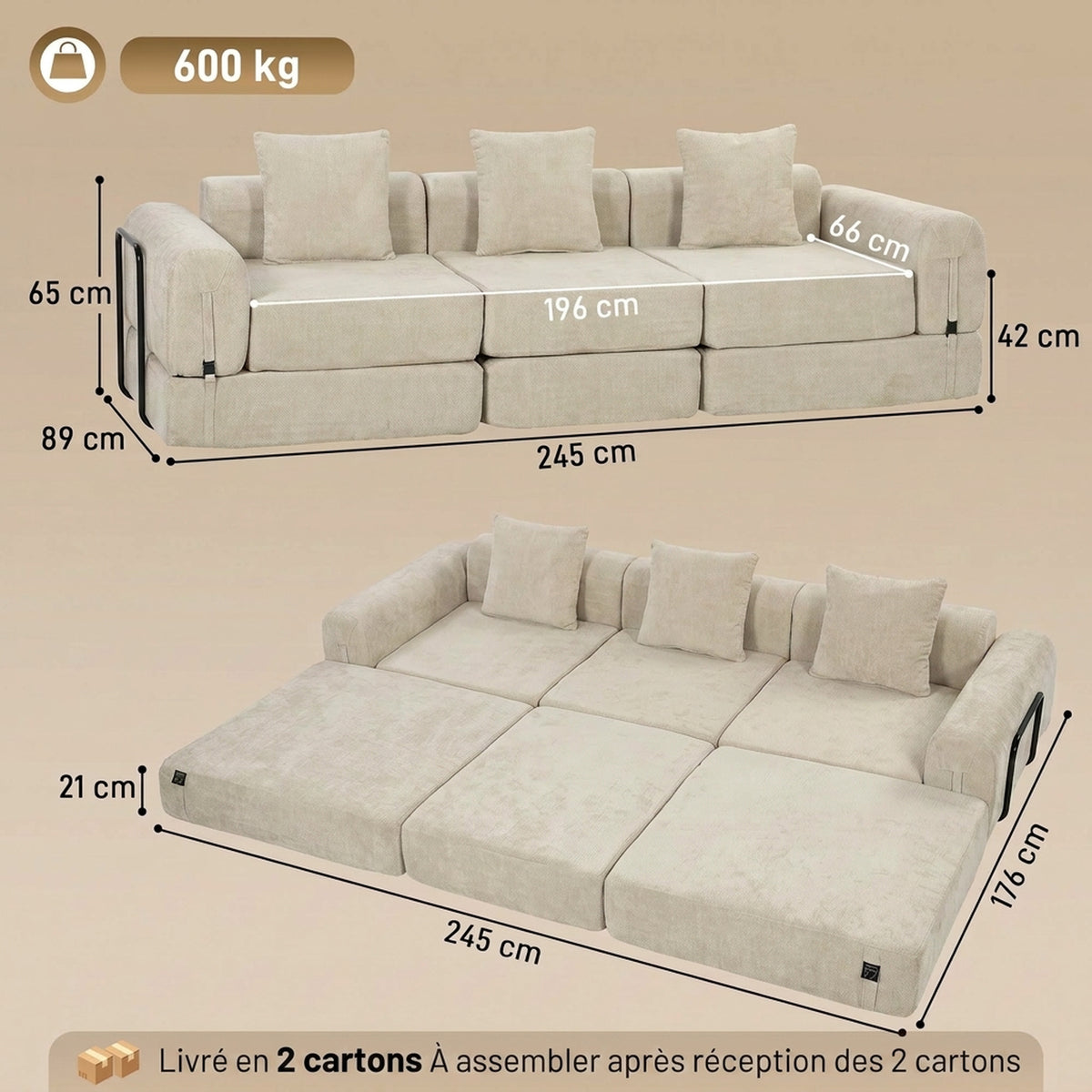 Canapé-Lit Pliable 245 cm, Canapé Compressé 3 Places Modulaire en Chenille avec Assise large, 3 Coussins, Beige-2