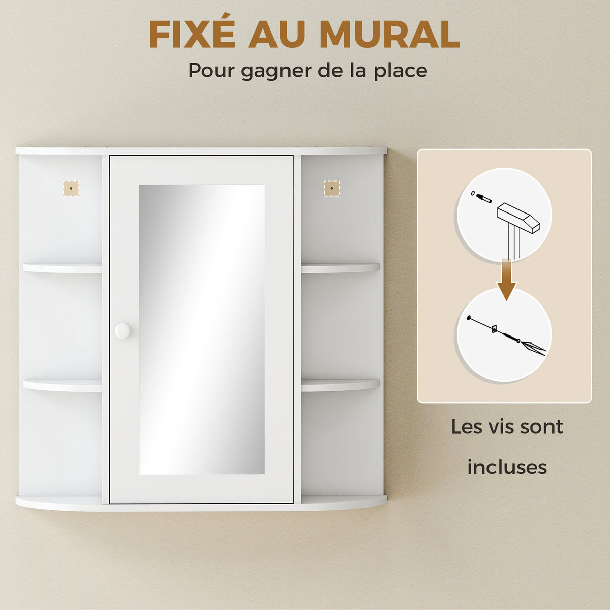 Armoire Murale avec Miroir Salle de Bain Meuble Miroir avec Rangement Toilettes 1 Porte + étagères latérales-6