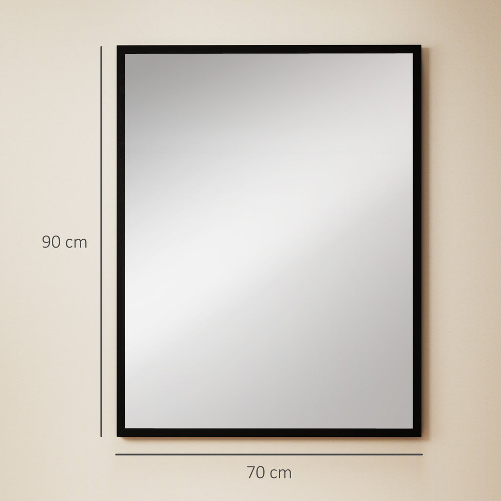 Miroir mural rectangulaire 90 x 70 cm, cadre en bois noir, idéal pour la salle de bain, salon ou chambre-2