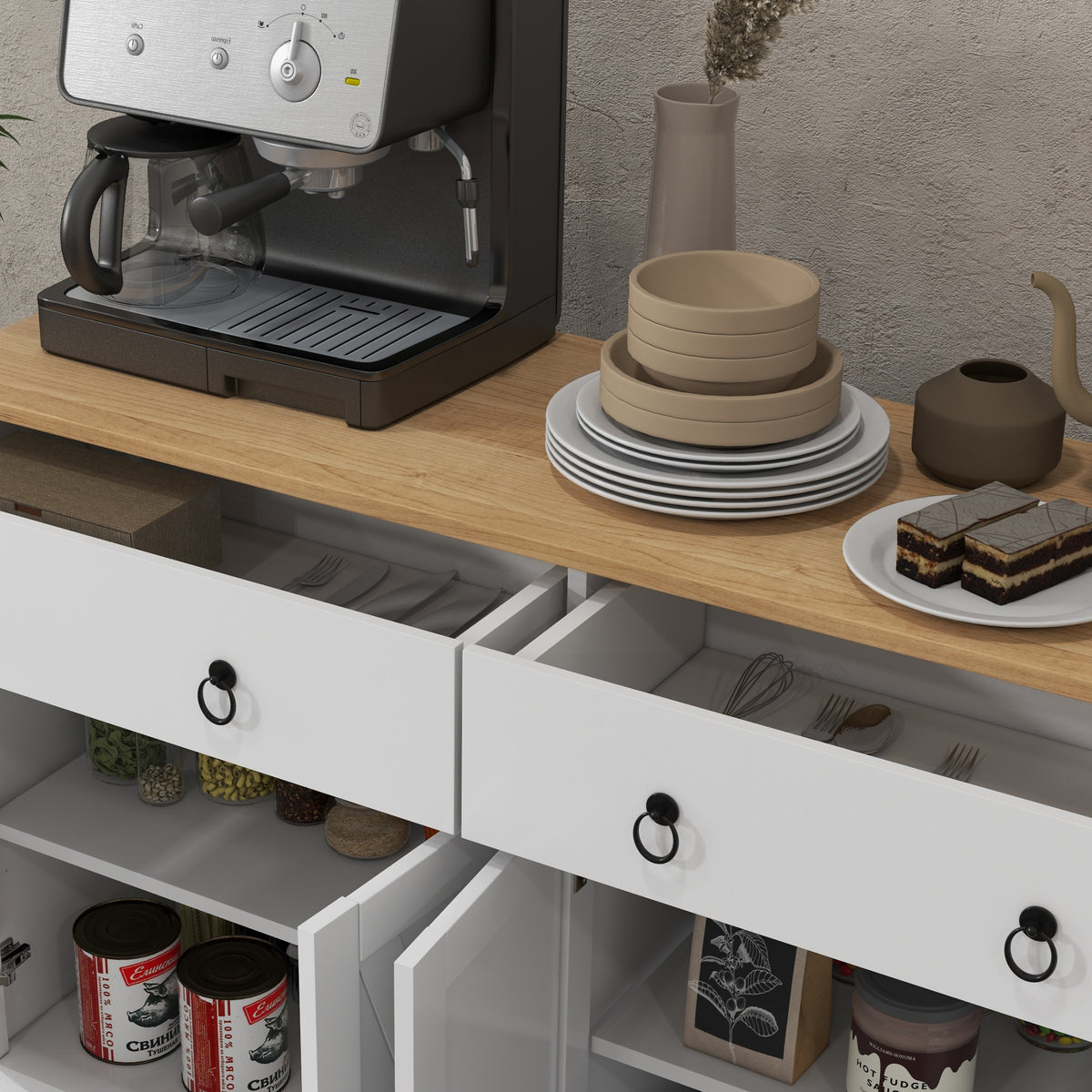 Buffet meuble de rangement armoire de cuisine style rural 2 tiroirs et 2 placards étagères à hauteurs réglables blanc-8