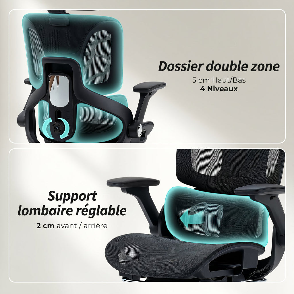 Chaise Bureau Ergonomique avec Accoudoirs 4D Appui-Tête et Profondeur d'Assise Réglables Maille Noir-4