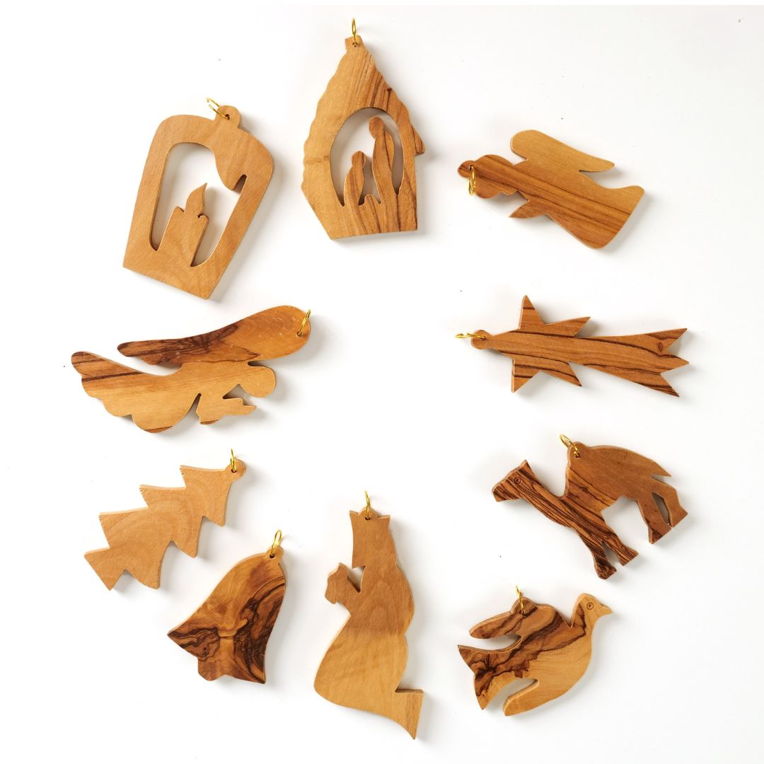 Decorazioni di Natale in legno d’ulivo – set di 10 pendenti