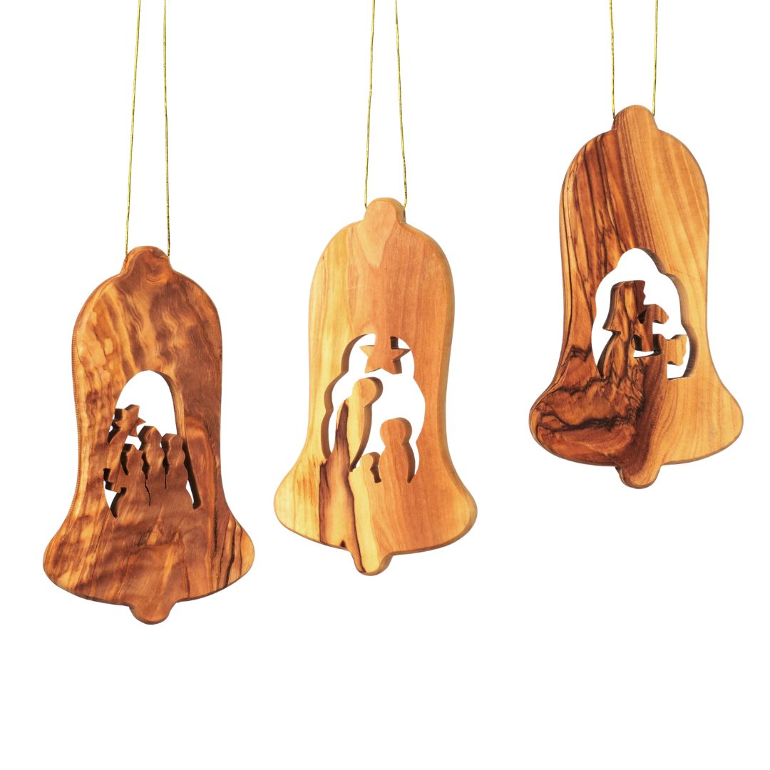 Campanelle di Natale in legno d’ulivo – set di 3 pendenti