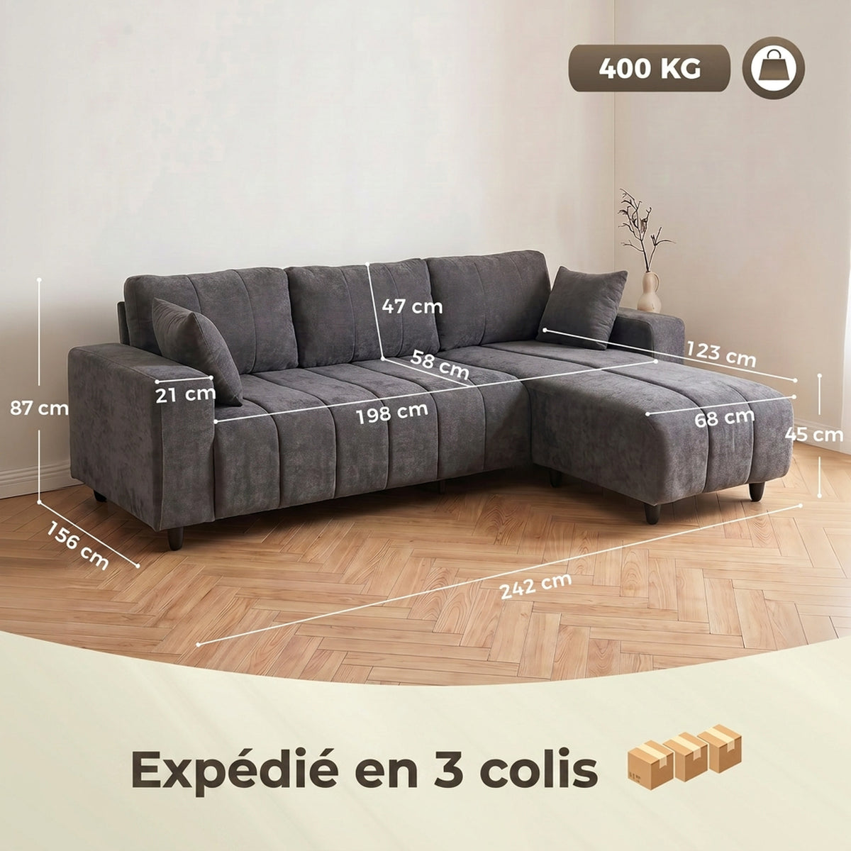 Canapé d'Angle Modulable 242 cm, Canapé 4 Places en L avec Méridienne Réversible, 2 Oreillers, Tissu Aspect Lin, Gris-2