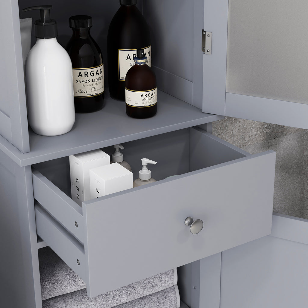 Meuble Colonne de Salle de Bain Placard Porte Acrylique 2 étagères Placard Porte 1 étagère tiroir MDF Gris-7