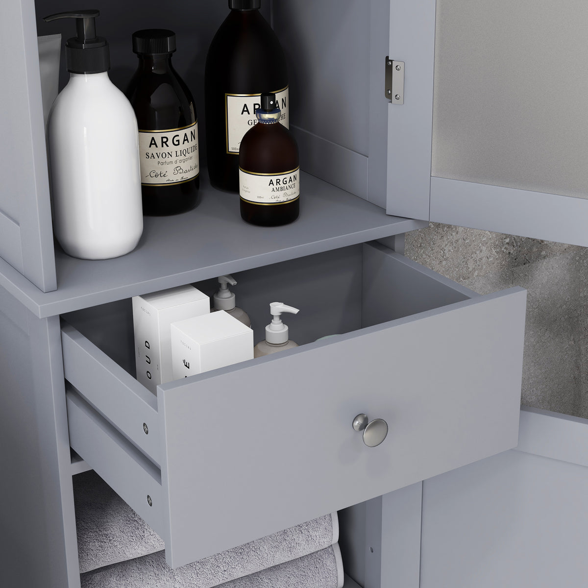 Meuble Colonne de Salle de Bain Placard Porte Acrylique 2 étagères Placard Porte 1 étagère tiroir MDF Gris-7