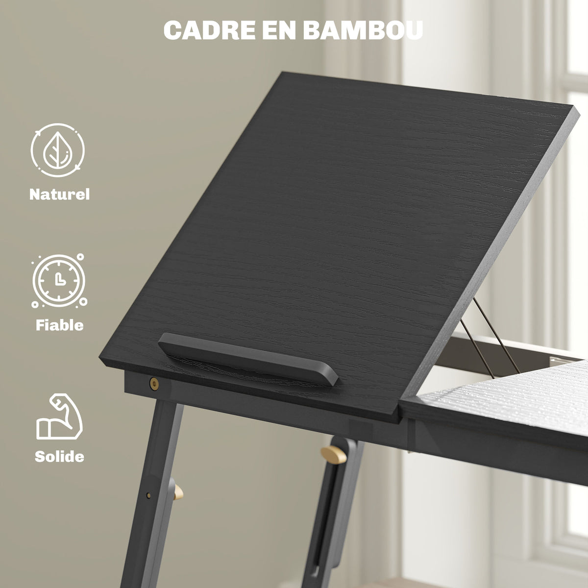 Table de lit pliable et réglable, plateau de lit pour ordinateur portable en bambou plateau inclinable 83,5x33x34cm noir-6
