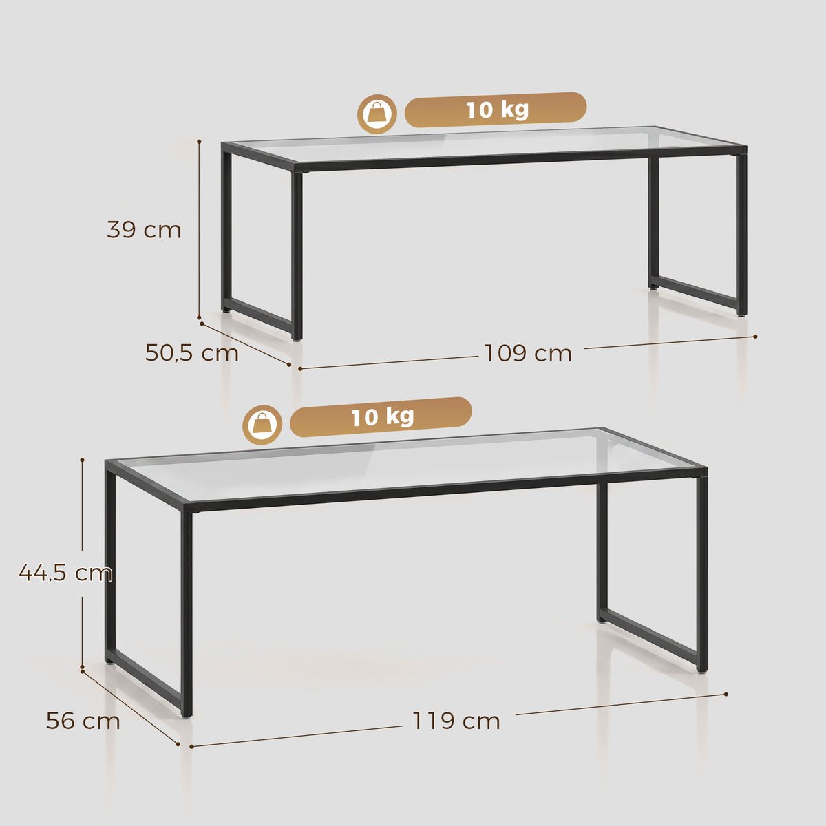 Lot de 2 tables basses gigognes tables de salon rectangulaires design en acier noir et plateaux en verre trempé-2