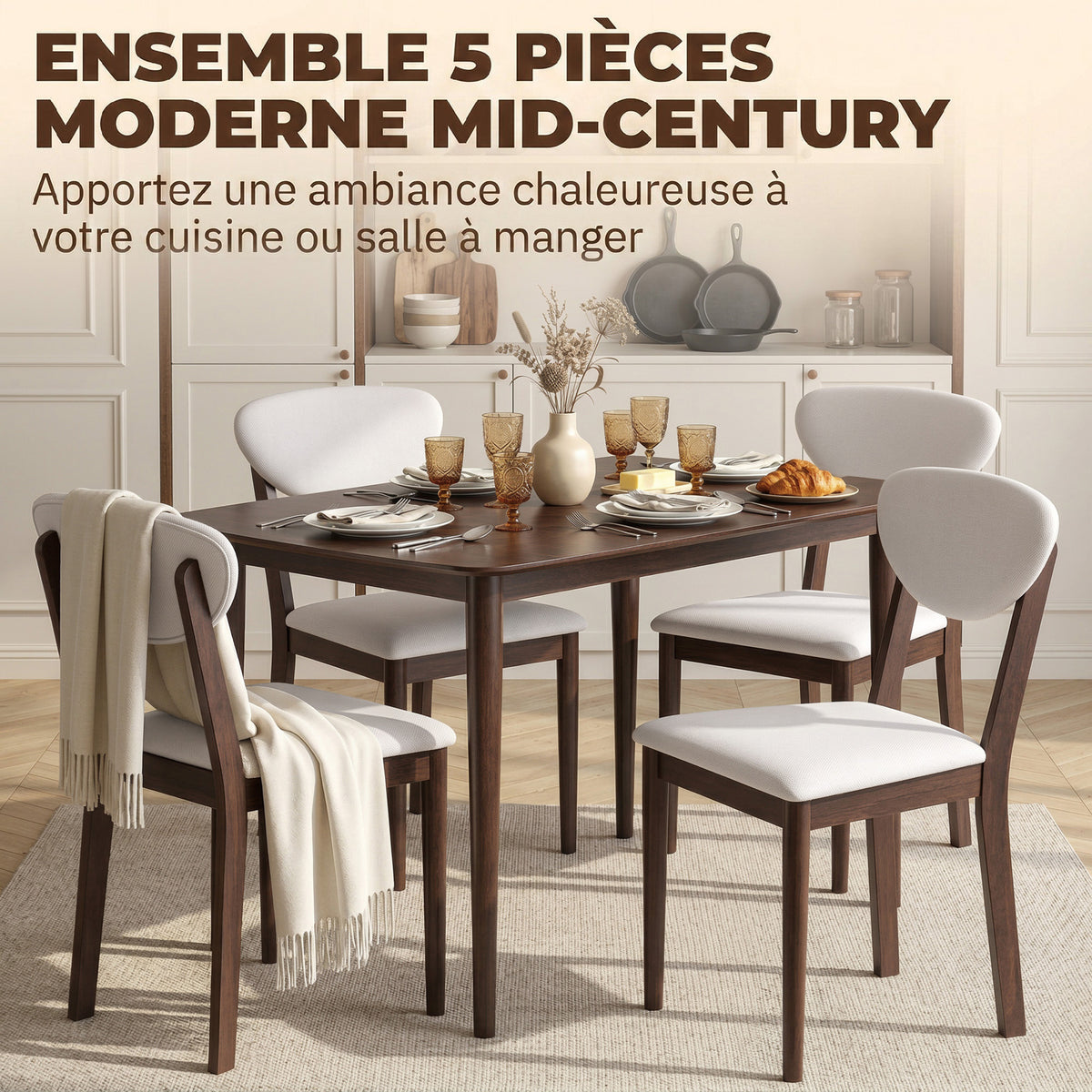 Ensemble table salle à manger avec 4 chaises table de cuisine avec chaises 4 personnes assise rembourrée noyer crème-3