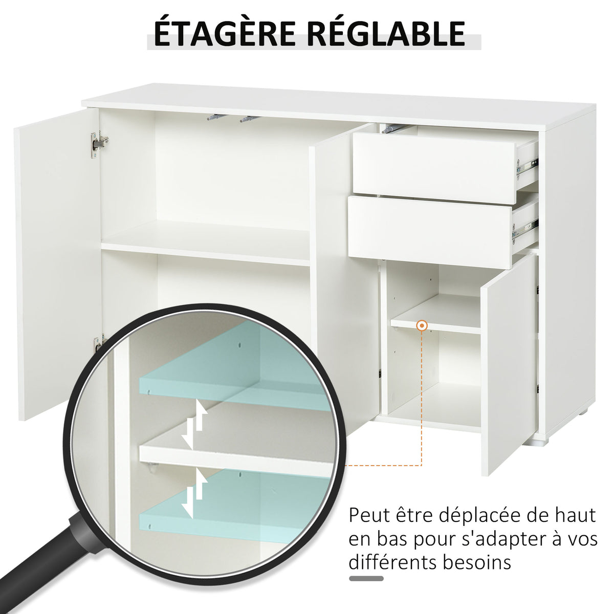 Buffet meuble de rangement 2 tiroirs coulissants 3 portes étagère réglable panneaux de particules 117 x 36 x 74 cm blanc-3