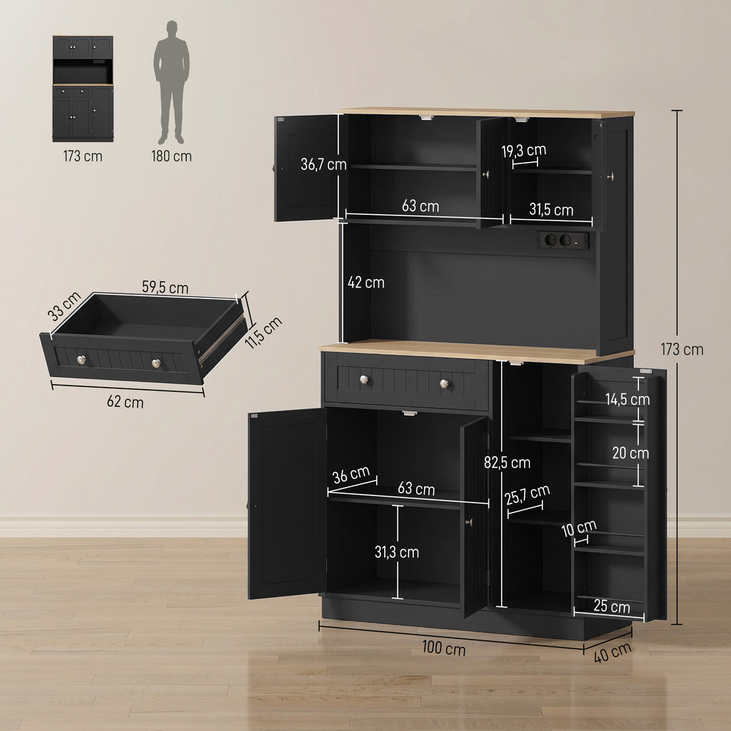 Buffet haut cuisine, armoire de cuisine, station de charge, 6 portes, plan de travail, porte-épices, 100x40x173cm, noir-2