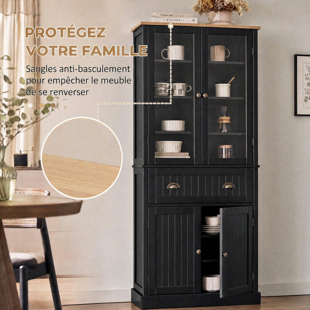 Buffet meuble cuisine rangement armoire de cuisine 4 portes dont 2 portes vitrées et 1 tiroir étagères réglables - noir-5