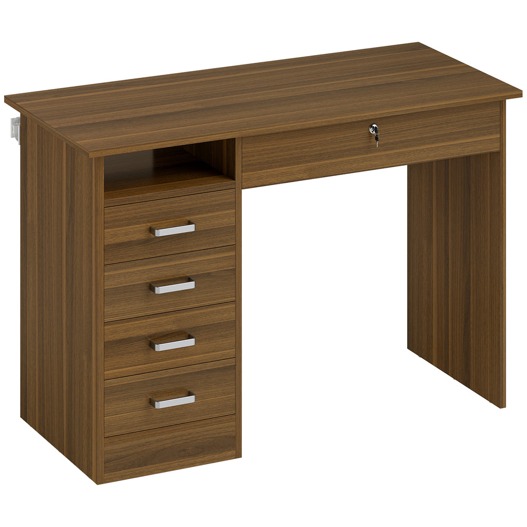 Bureau Informatique avec 5 Tiroirs, 110 x 50 cm, Bureau avec Rangement, Étagère Ouverte, Tiroir Verrouillable, Noyer-0