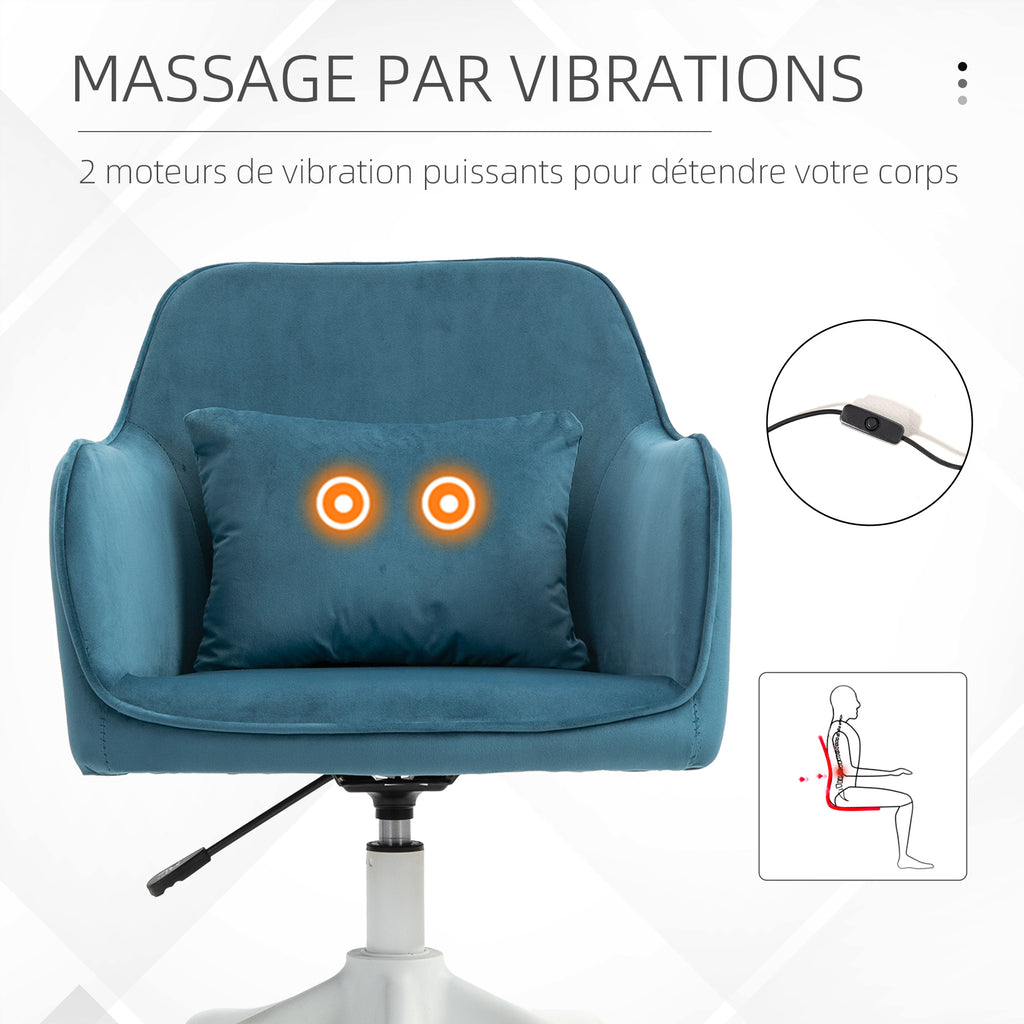 Chaise de bureau velours fauteuil bureau massant coussin lombaire intégré hauteur réglable pivotante 360° bleu-7